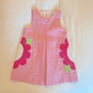 Pink and white striped Florence Eiseman dress with flower pockets. 2T